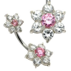 Double Jeweled Pink Flower Belly Button Bar