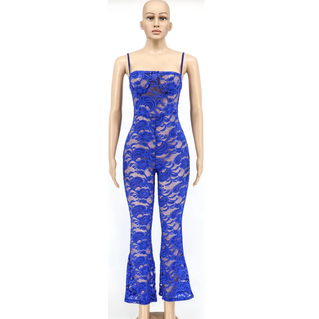 Fashion Back Hollow-out Sexy Sleeveless Suspenders with Wide-Leg Pants Lace Hook Flower Jumpsuit