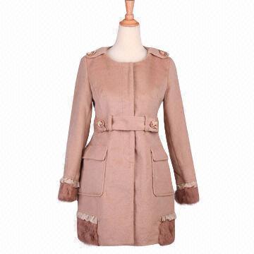 Women's woolen elegant coat, decorated with fur