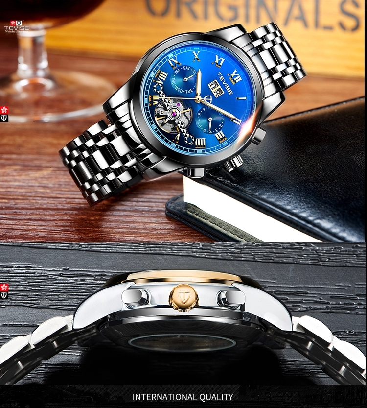 TEVISE Watch 9005 Fashion Business Clock العسكرية الرياضة التلقائية المعصم الفولاذ المقاوم للصدأ للماء الميكانيكية الرجال ووتش