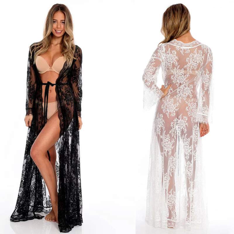 2020 hot style Long sleeve lace maxi dress sun protection beach coverup for women