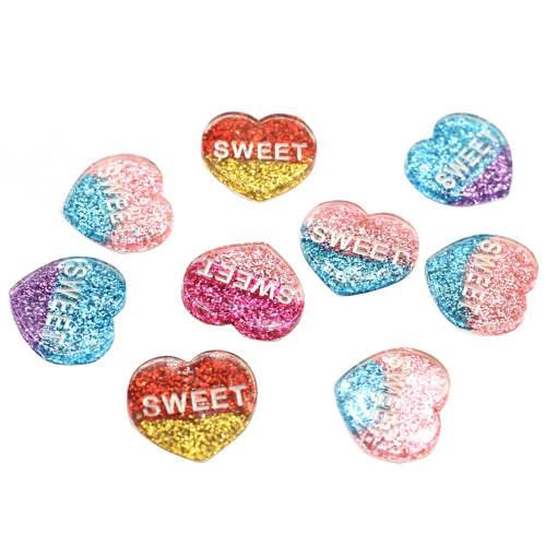 Nieuwe Mode Glitter Hart Cabochons Kleur Glitter Zoete Hart Charms Plaksteen Hars Zoete Hart Cabochons DIY Sieraden