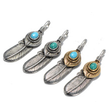 Ancient Silver Turquoise Ornament Stone Feathers Pendant
