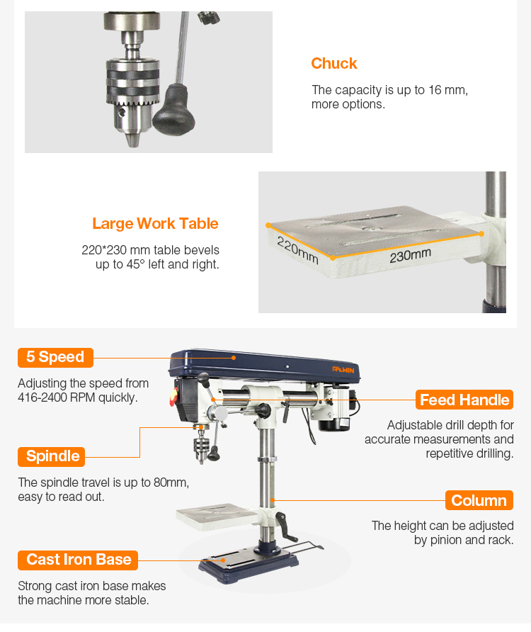Cast iron base with extension support upright drill press