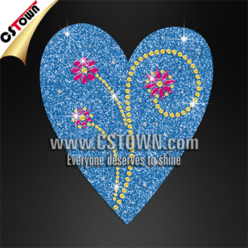 Blue heart with pink flowers bling crystal transfer hot fix rhinestone and glitter