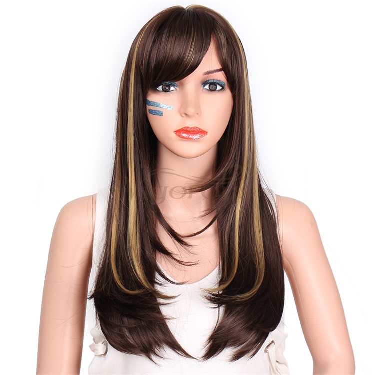 Vigorous Long Silky Straight Dark Brown Highlight Heat Resistant Smooth Synthetic Wig with Inclined Bangs for Women