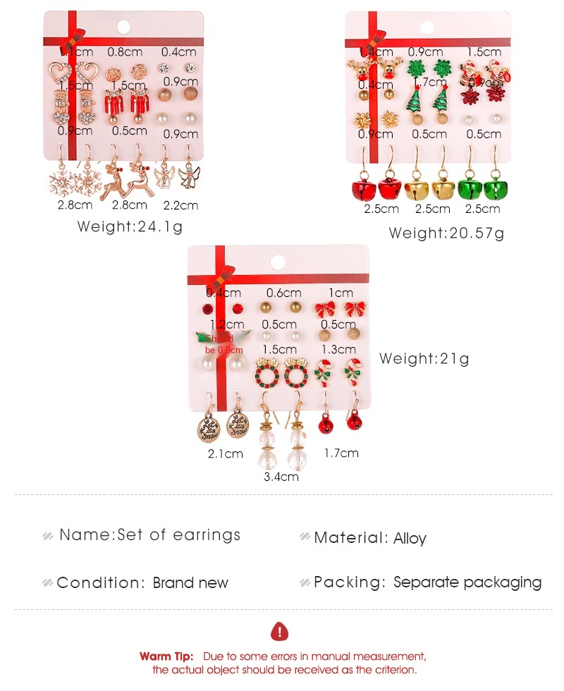 2020 Hot Sale Fashion Cute 9 Pairs Stud Earrings Sets Christmas Tree Elk Claus Stud Earrings Sets For Women Jewelry