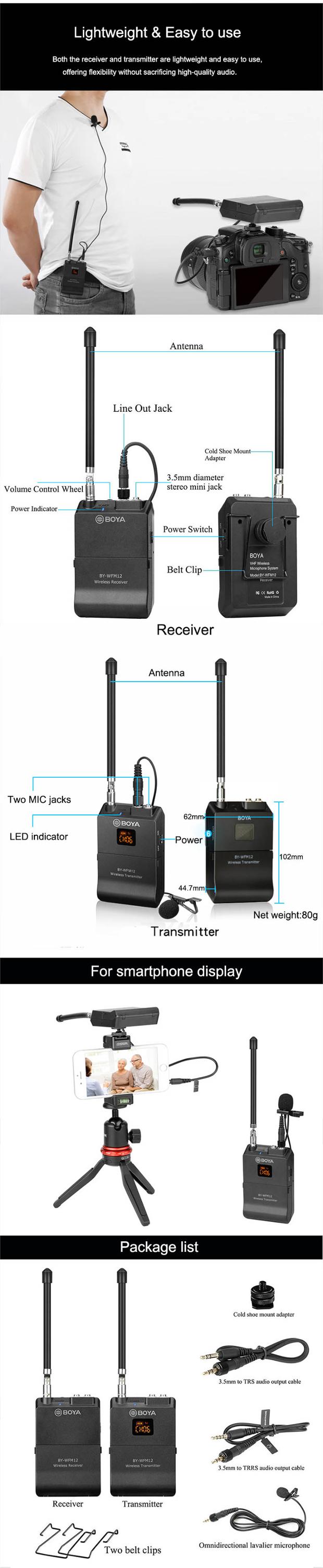 Durable in Use BOYA BY-WFM12 VHF Wireless Microphone System