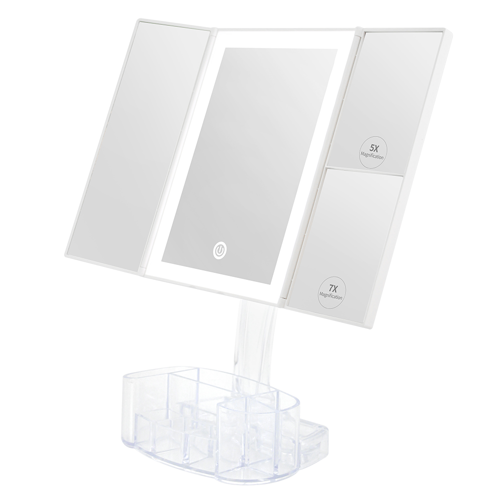 Tri-Fold Lighted Makeup Mirror with Storage