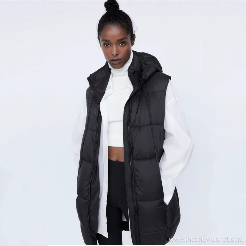 Customization Women Pure Color Zipper Hood Vest Jacket