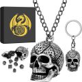 Mini DND Dice Set with Skull Head Metal Cage Portable Keychain Necklace, Tiny 7pcs Polyhedral Dice Set in Skeleton Necklace