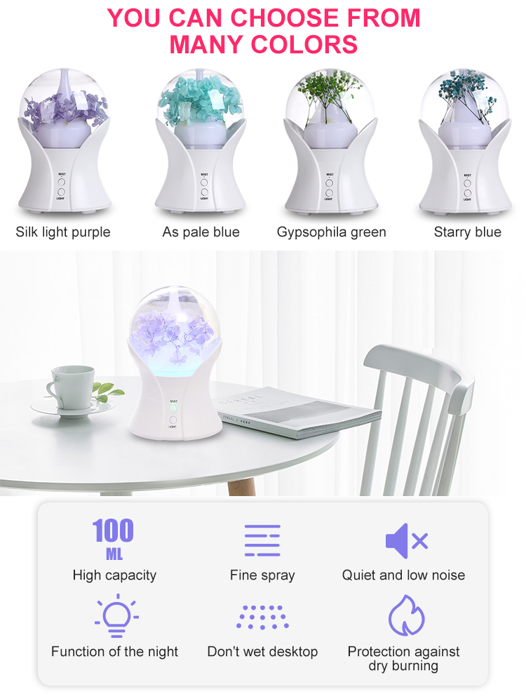 Hushållsrundan dekorativ 100 ml Mist Maker Fogger Aromaterapi Essential Oil Diffuser LED Light Firidifier