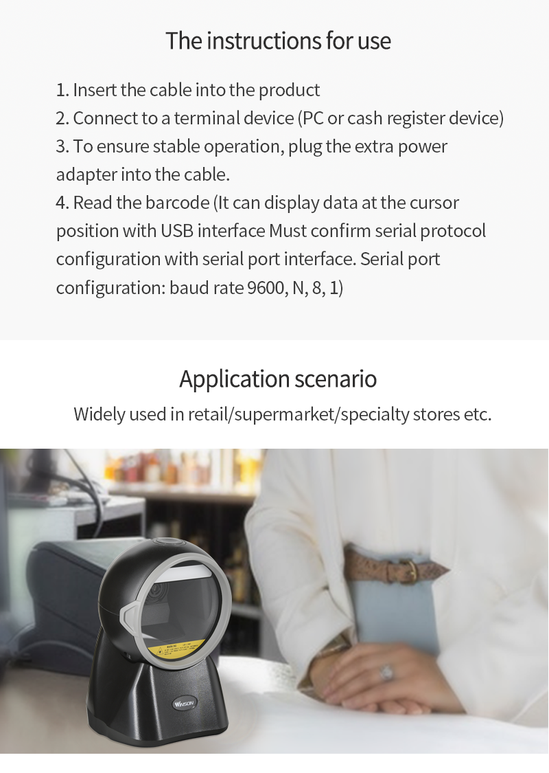 Winson Desktop Cable Coded QR Scanner Omni-Directional Platform Barcode Scanner