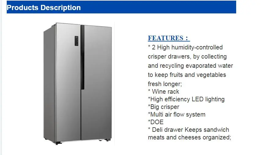 Big Capacity Frost Free Side by Side Stainless Steel Refrigerator