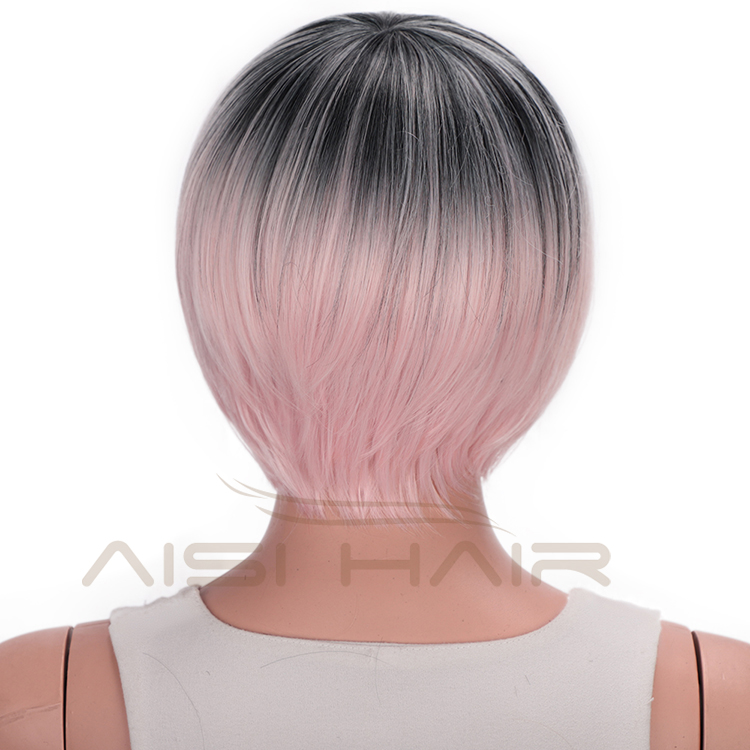 Aisi Hair High Temperature Fiber Straight Short Bob Wigs Ombre Pink Short Bob Wigs with Neat Bangs Cosplay Short Bob Wigs