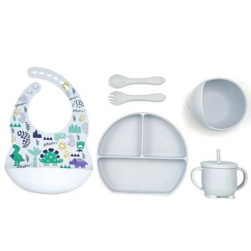 6pcs Silicone Feeding Set Printed Bib Baby Weaning