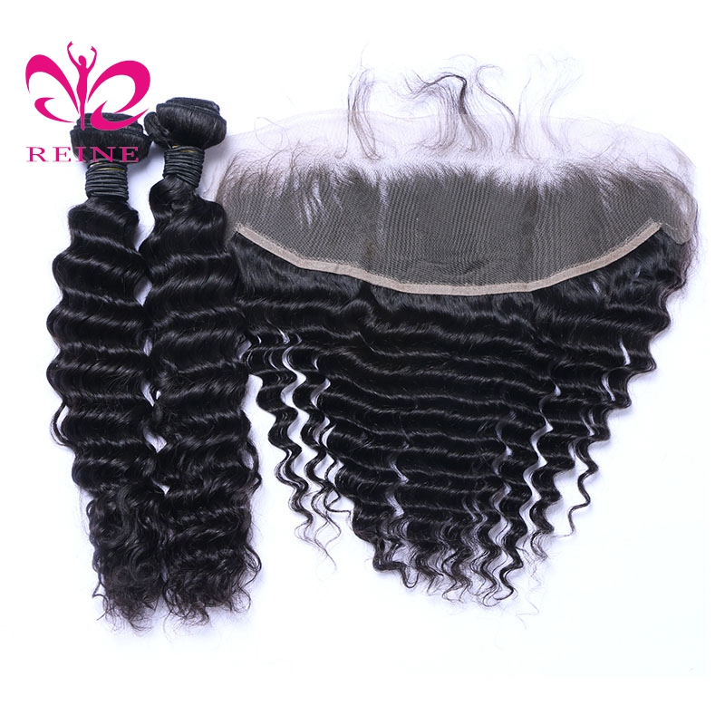 REINE Brazilian Malaysian Peruvian Virgin Hair Weaves 3 Bundles with Lace Frontal  Deep Wave 9A Indian Cambodian Remy Human Hair