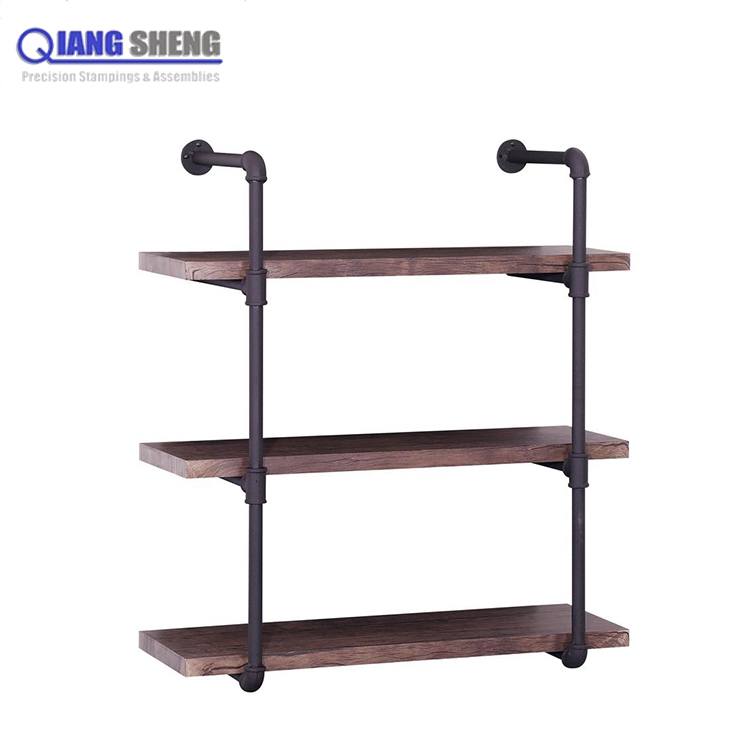 rustic black iron metal wall mounted round pipe tube industrial wood shelves shelf brackets supports