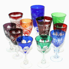 Japanese Edo Kiriko Hand-Engraved Colored Crystal Goblets