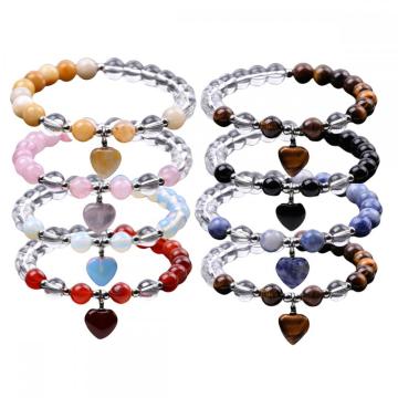 Natural Stone Quartz Round Beads With Heart Charm Stretch Bracelet Gemstone Chakra Healing Quartz Elastic Bracelet for Women Men