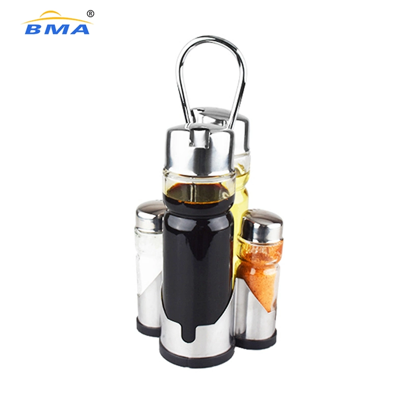 Kitchen Stainless Steel Stand Glass Cruet Condiment Set Salt Pepper Shaker Oil and Vinegar Dispenser