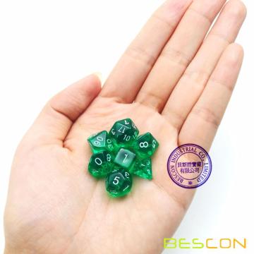 Bescon Mini Transluzent polyedrischen RPG Würfel Set 10 MM, kleine RPG Rollenspiel Würfel Set D4-D20 in Tube, Transparent Grün