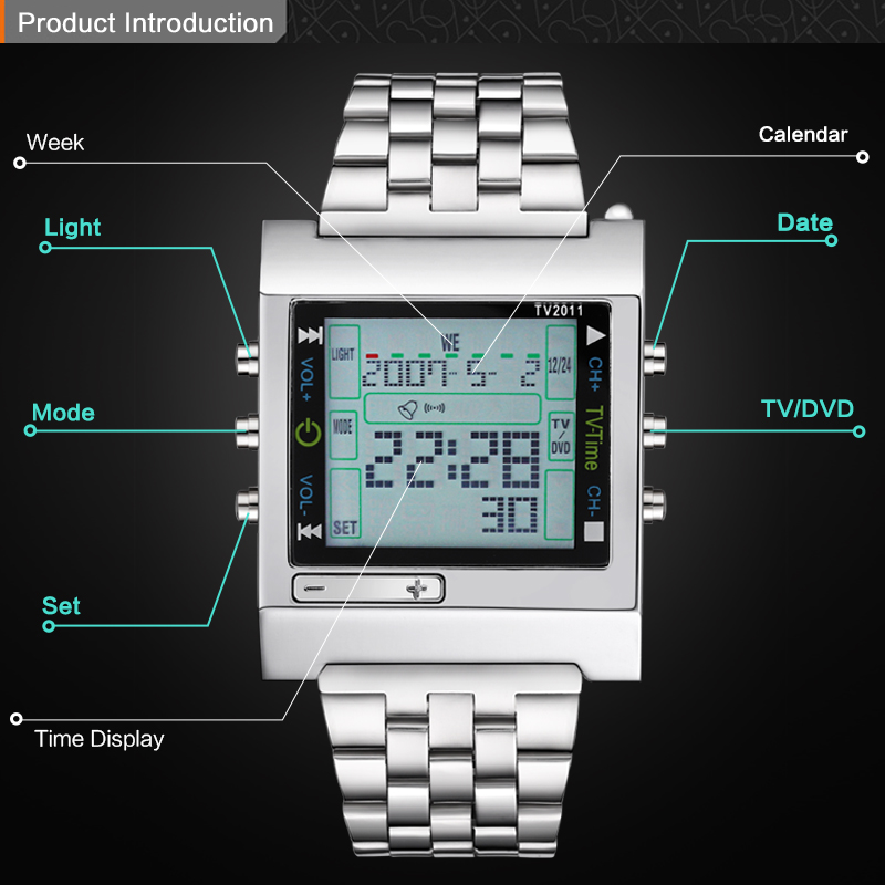 TVG TV2011 Men Digital Movement Watch Casual Multi-function Stainless Steel Band Watch Alarm Back Light