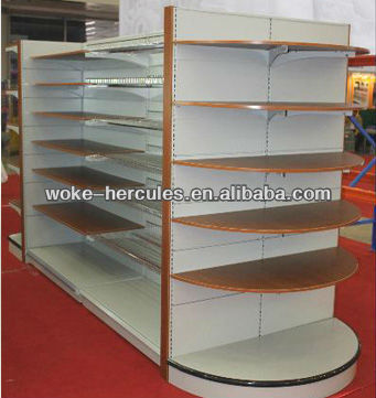 Supermarket wooden shelves display