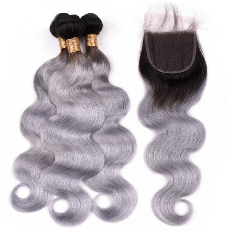 Wholesale Ombre Platinum Silver Grey Color Human Hair Weave Bundles With Closure, Natural Virgin Grey Remy Brazilian Hair Weft
