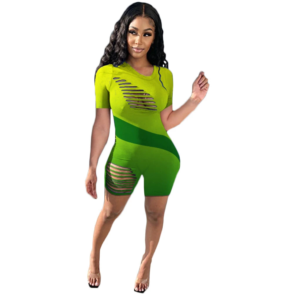 2021 Summer New Arrivals Gradient Color Sexy Holes Short Sleeve Bodycon Jumpsuit for Women