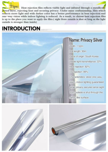 Safety Privacy Silver Reflective Mirror Film Similar to Llumar Window Film