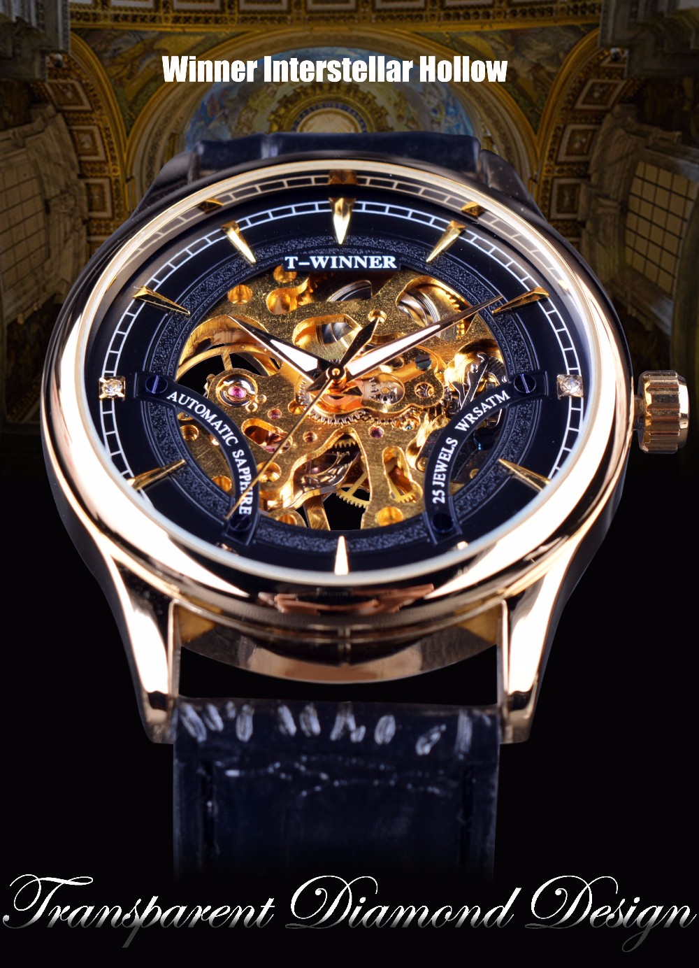Fashion Black Golden Star Luxury Design Clock WINNER Mens Watch Top Brand Luxury Mechanical Skeleton Watch Relogio Masculino