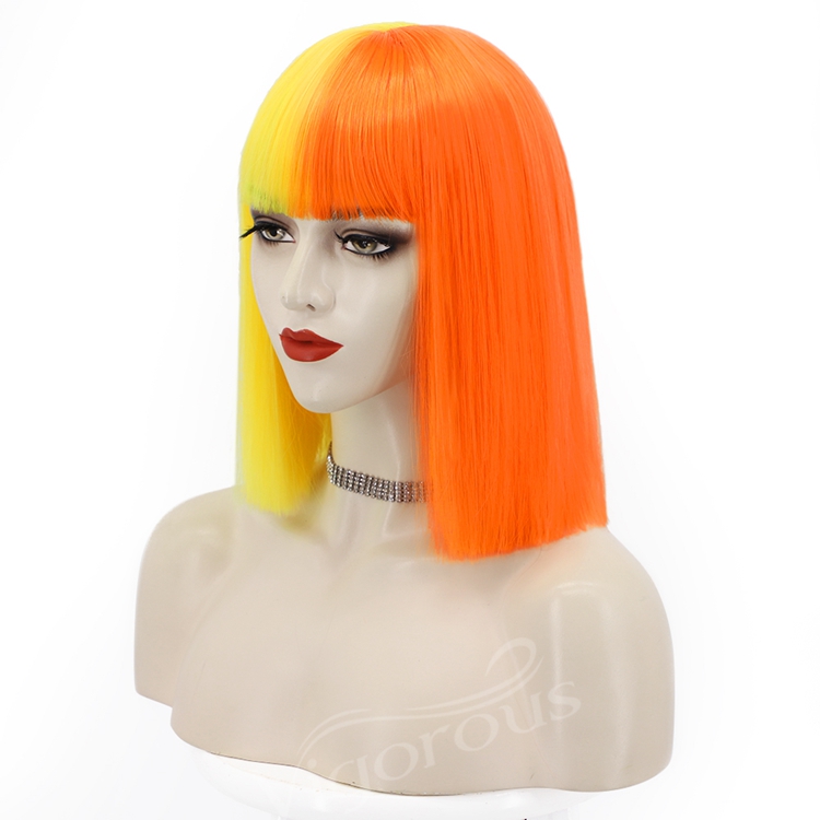 Colorful Cosplay Half Yellow And Orang Short Bob with Bangs Synthetic Wig Glueless Heat Resistant Hair None Lace Wig Top Sell