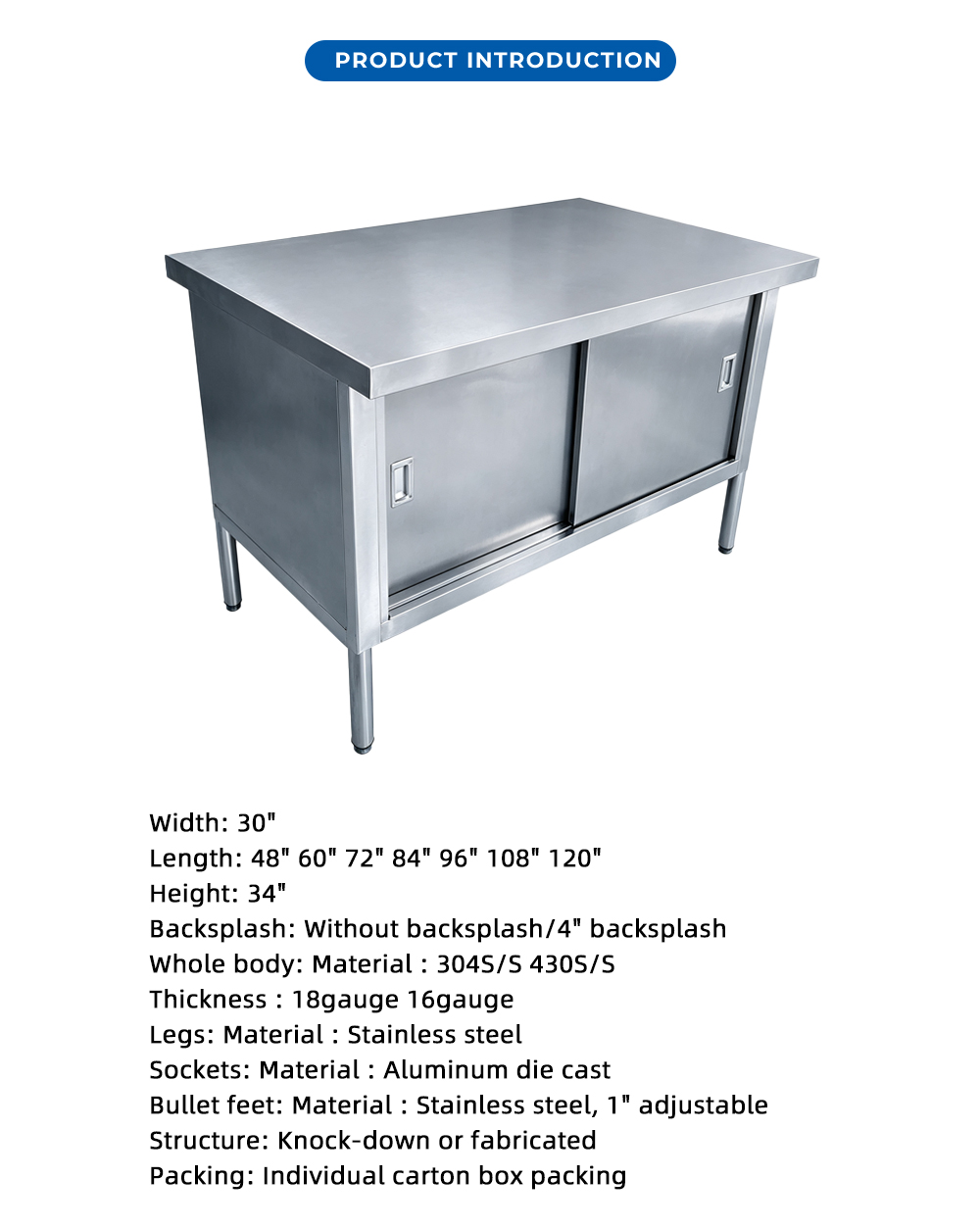 خزانة العمل المصنوعة من الفولاذ المقاوم للصدأ ذات الباب المنزلق X Sliding Door Stainless Steel Work Cabinet X