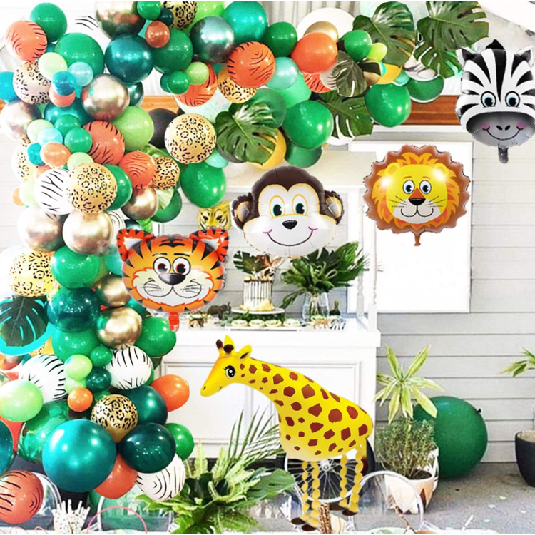 Jungle Safari Theme Party Balloon Garland Kit With Animal Balloons and Palm Leaves for Kids Birthday Party Supplies