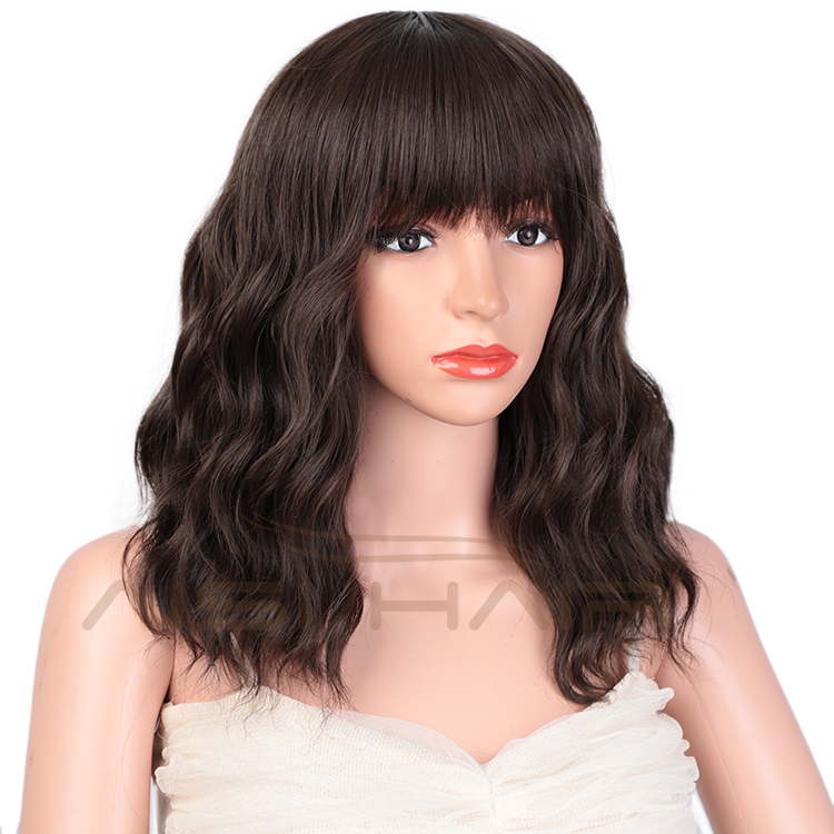 Aisi Hair Wholesale Top Quality Brown Short Bob Wig With Neat Bangs Synthetic Short Curly Wave Wigs For Black Women