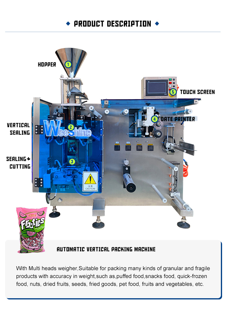 Automatic Exquisite Workmanship Vertical Packing Machine For Sugar Snacks Grains Nut Dried Fruits Seeds Frozen Food