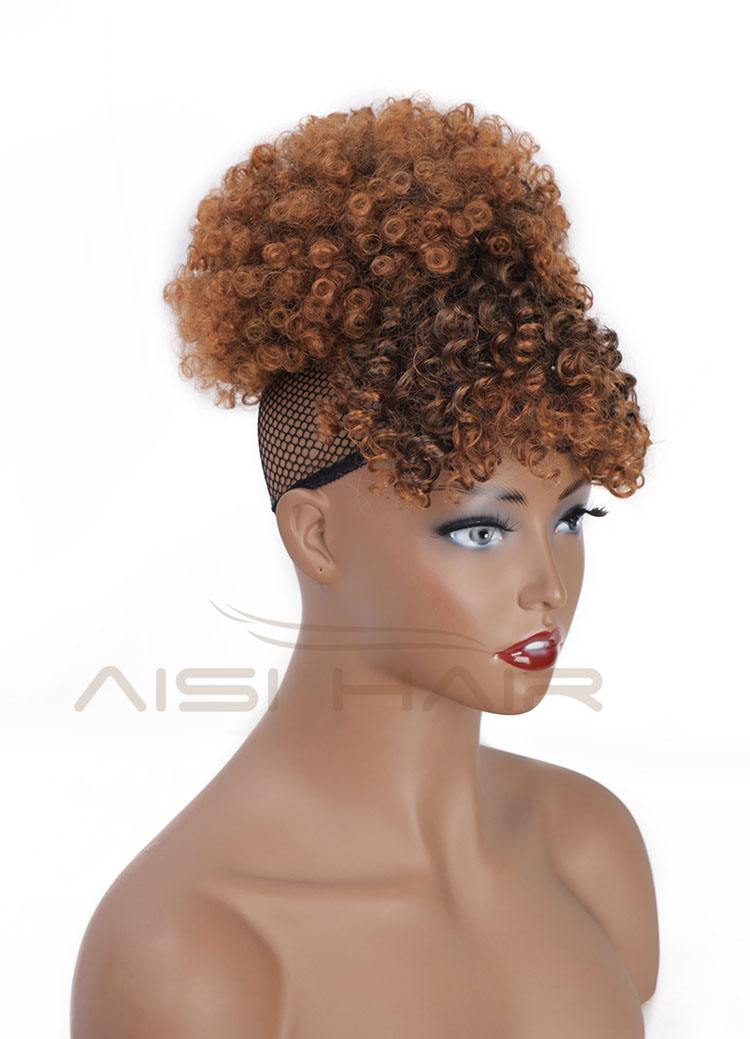 Aisi Hair New Design Kinky Curly Puff Brown Color Hair Bun With Bangs Afro Short Curly Synthetic Hair Extension For Black Women