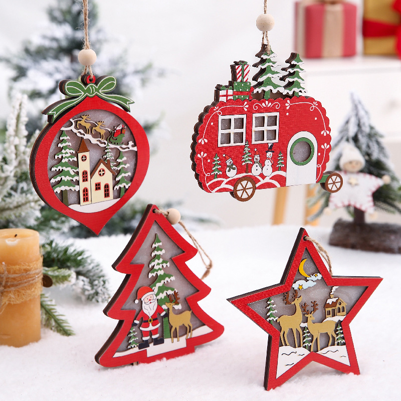 LED Light Christmas Tree Ornaments Star Car Wooden Hanging Pendants Christmas Decorations For Home Party Kids Gifts Wood Crafts