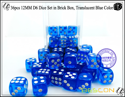 36pcs 12MM D6 Dice Set in Brick Box, Translucent Blue Color-4