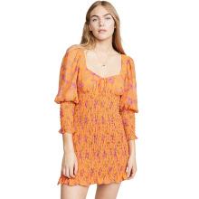 Long Cuff Mini Smocked Dress With Floral Print