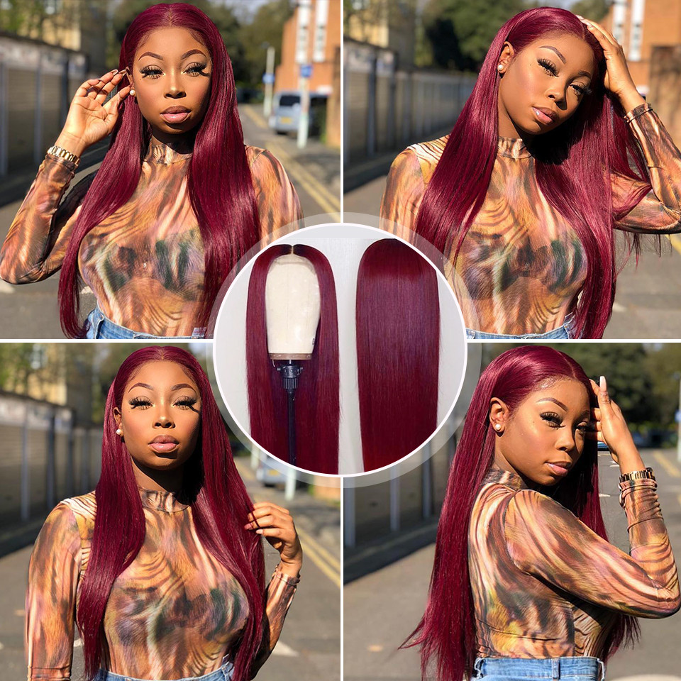 Color 99J Red Burgundy Lace Front Wig 100% Human Hair Wigs Straight Lace Indian Remy cheveux indiens  Human Hair Wigs
