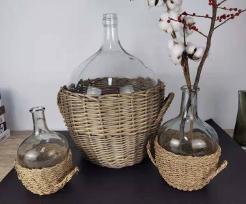 custom glass bottle vase with rattan wrapped basket