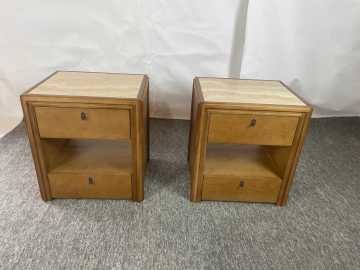 Mid-Century Modern Travertine Top Wooden Nightstand