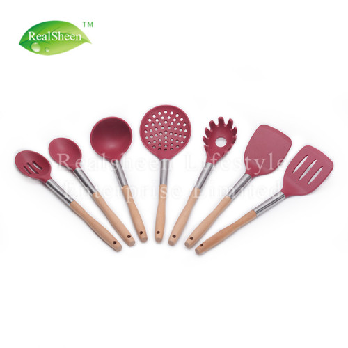 Jeu d&#39;ustensiles de cuisine en bois de 7 pièces en silicone