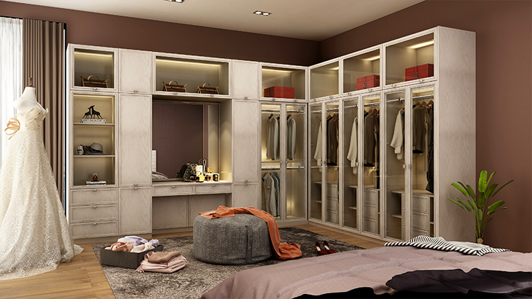 sliding doors wooden bedroom closet with dressing table 