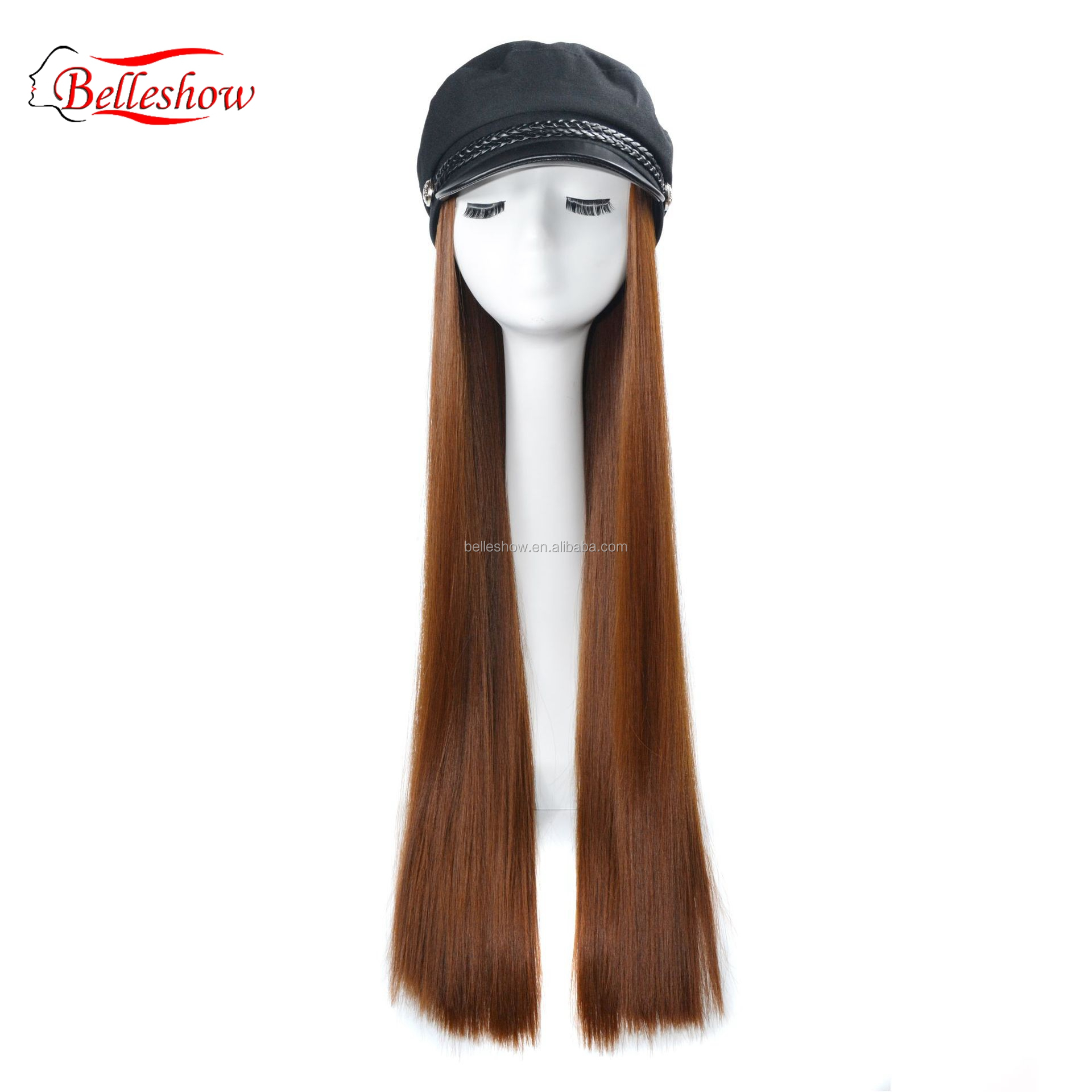 Hot sell Navy hat wig cap fashion girl black straight wig cap Long straight hair hat wig long straight hair