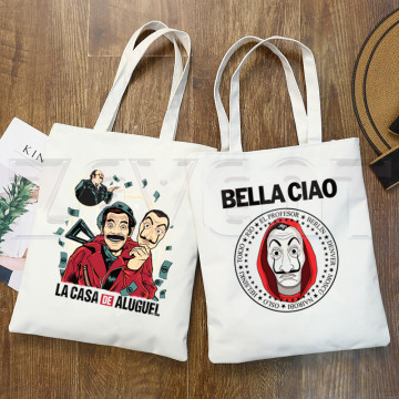 Money Heist Shopping Bag Print Bella Ciao Original Design White Fashion House of Paper Travel La Casa De Papel Canvas Bags