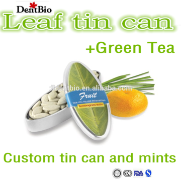 Green Tea candy with orange flavour in leaf tin can