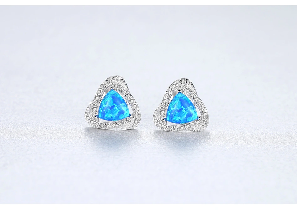 Luxury 925 Sterling Silver CZ Triangle Fire Opal Gemstone Stud Earrings